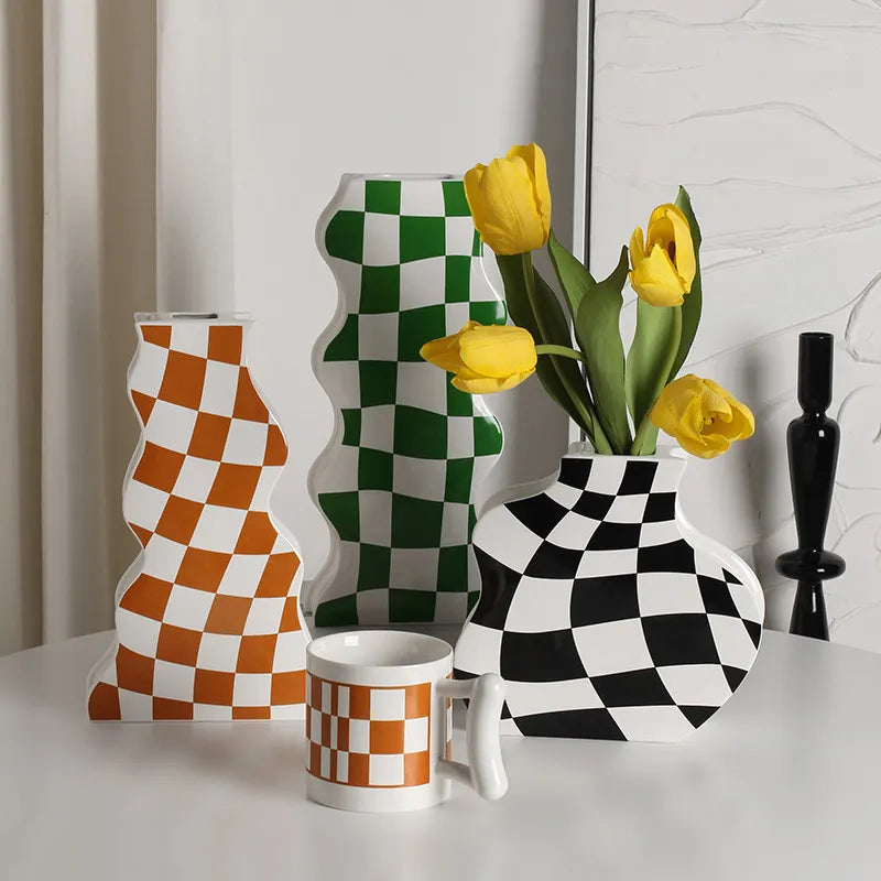 Chessboard Grid Ceramic Vase